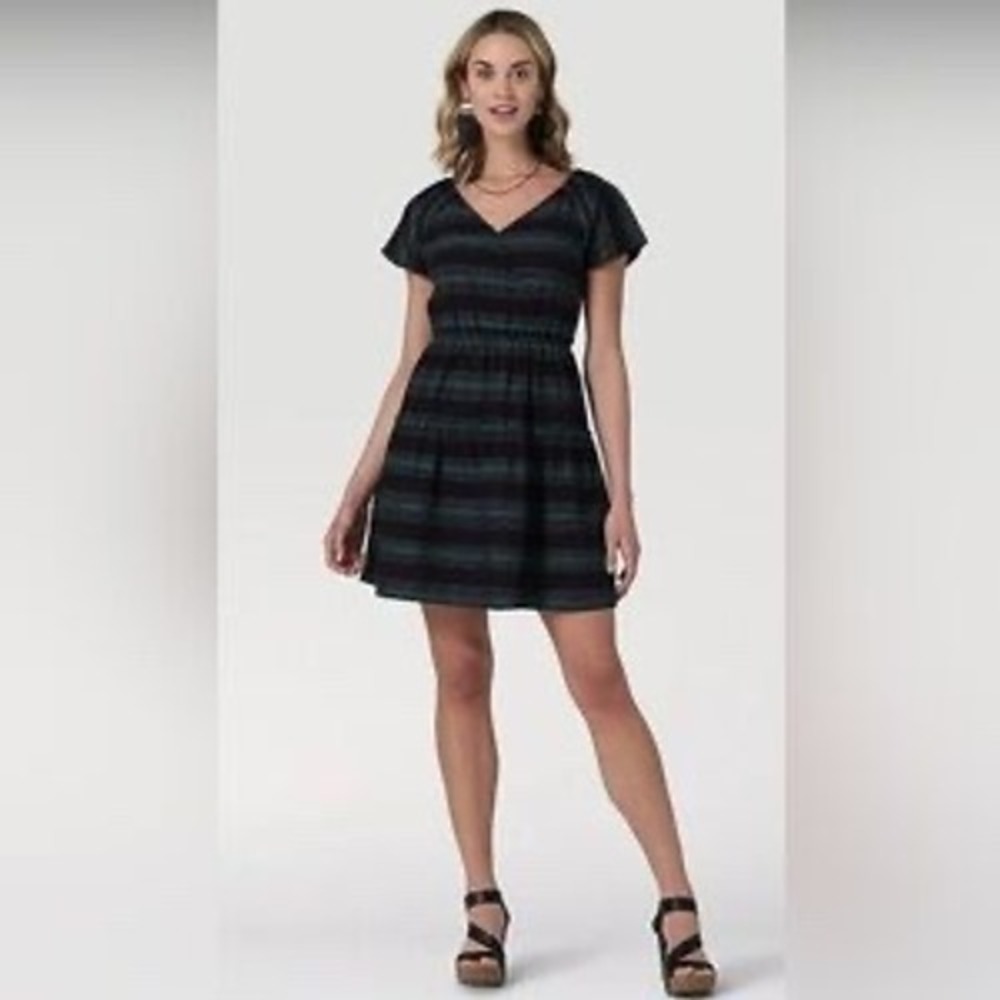 Wrangler Retro Dress Women Medium Black Striped New Short Sleeve Western Mini